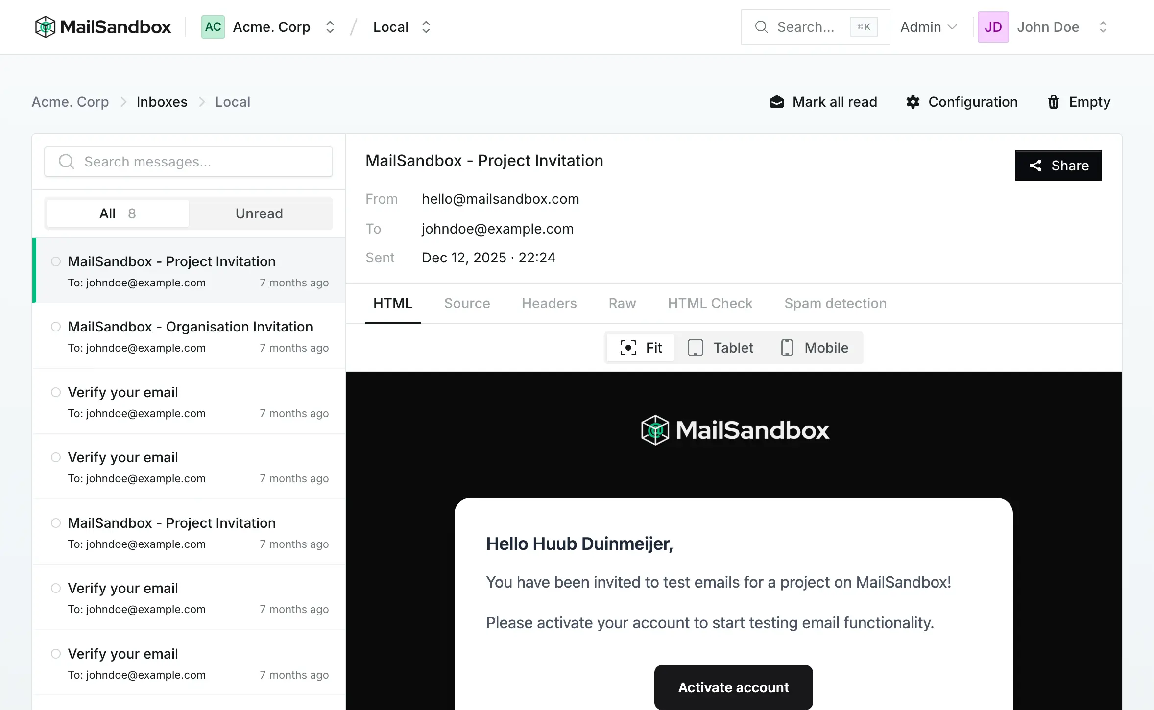 The MailSandbox inbox showing a captured email with HTML preview, source, headers and spam detection