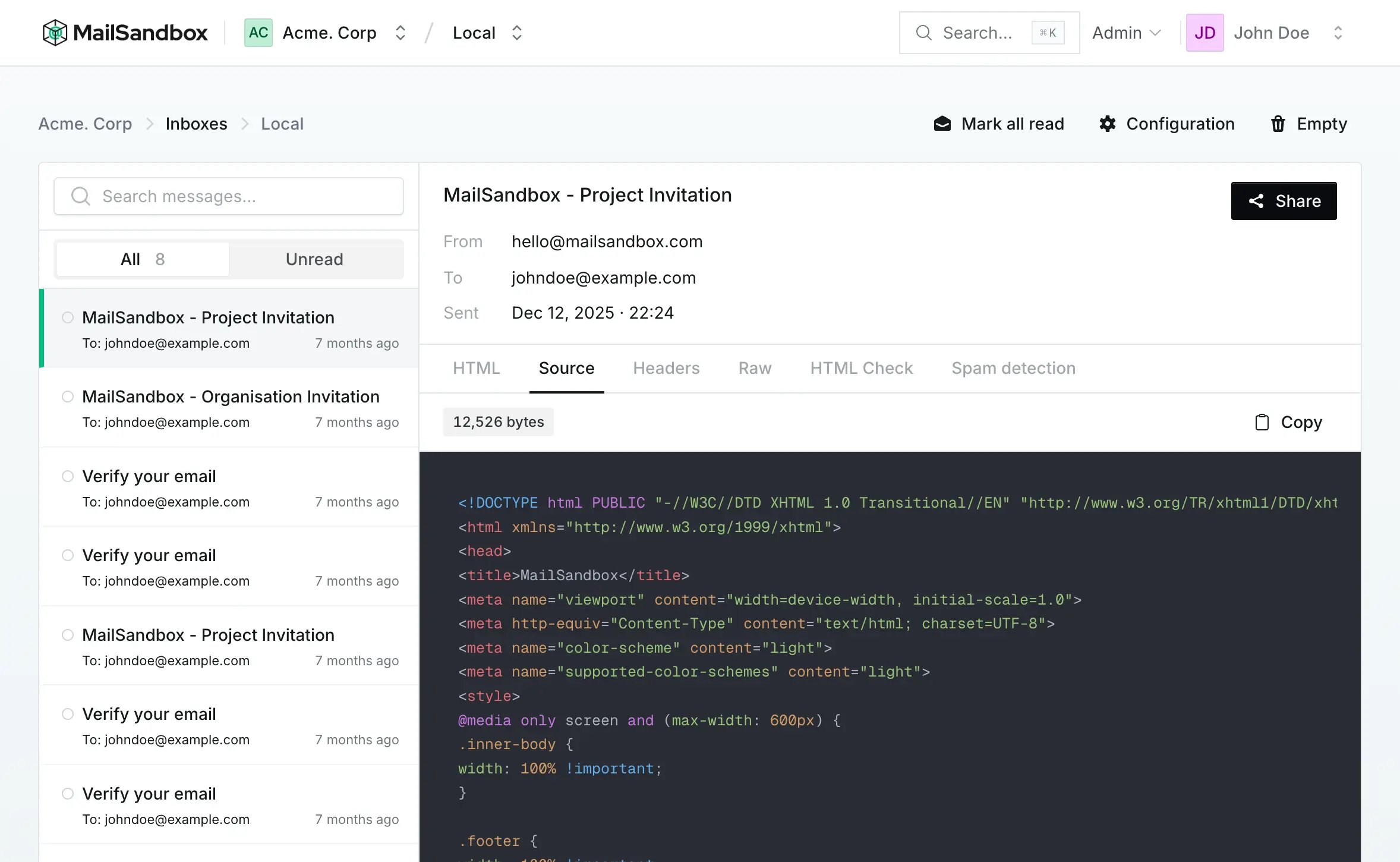 The Source tab in MailSandbox showing the raw HTML of a captured email with its byte size
