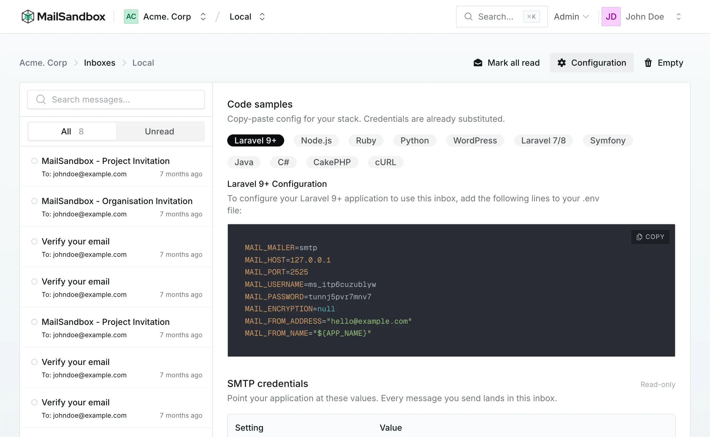The inbox Configuration screen with copy-paste code samples and SMTP credentials