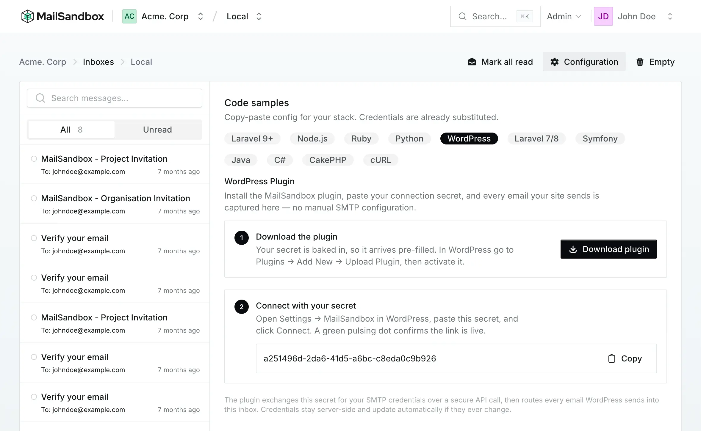 The WordPress plugin configuration in MailSandbox with a download button and connection secret