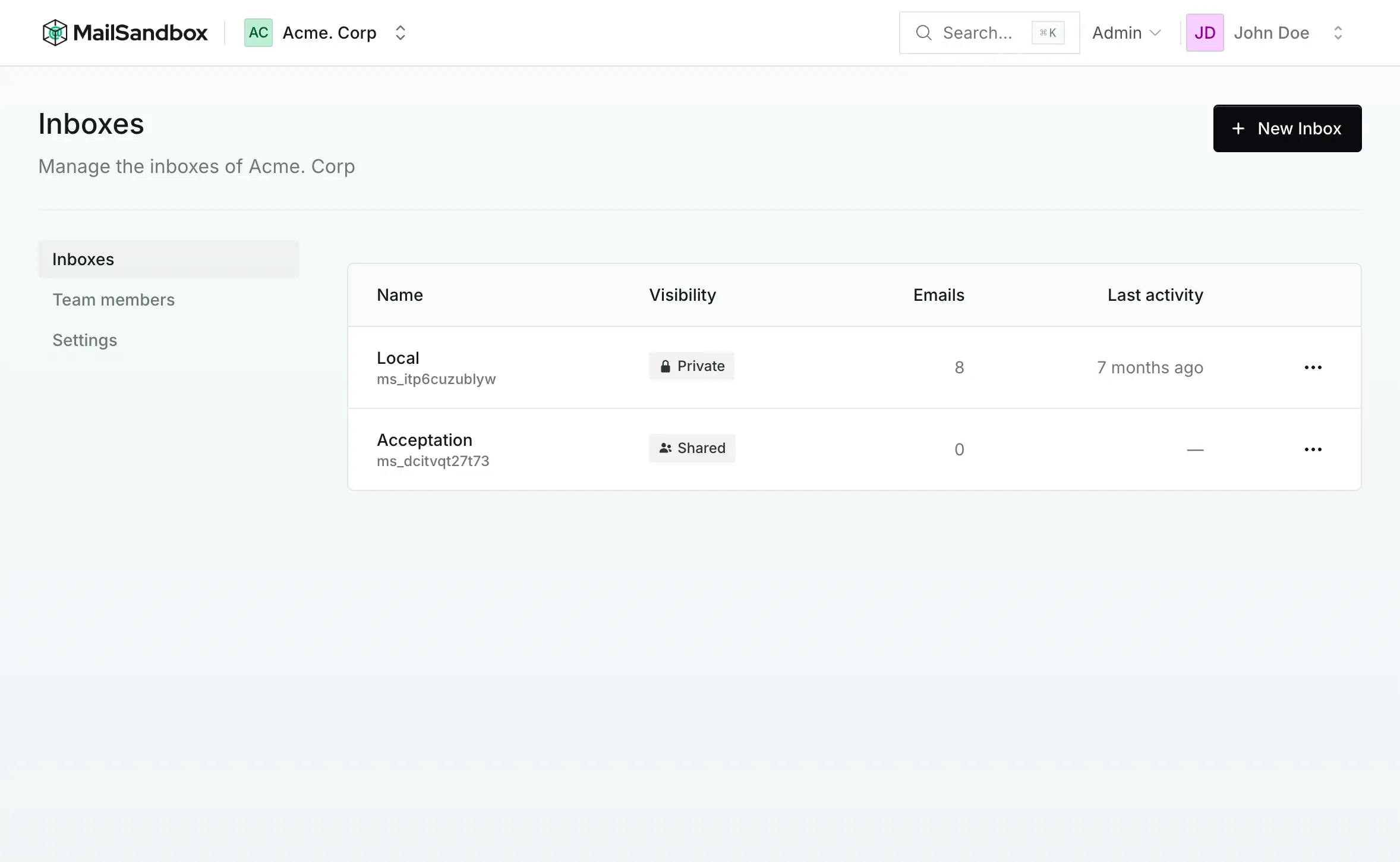 The inboxes list inside a MailSandbox project, showing private and shared inboxes